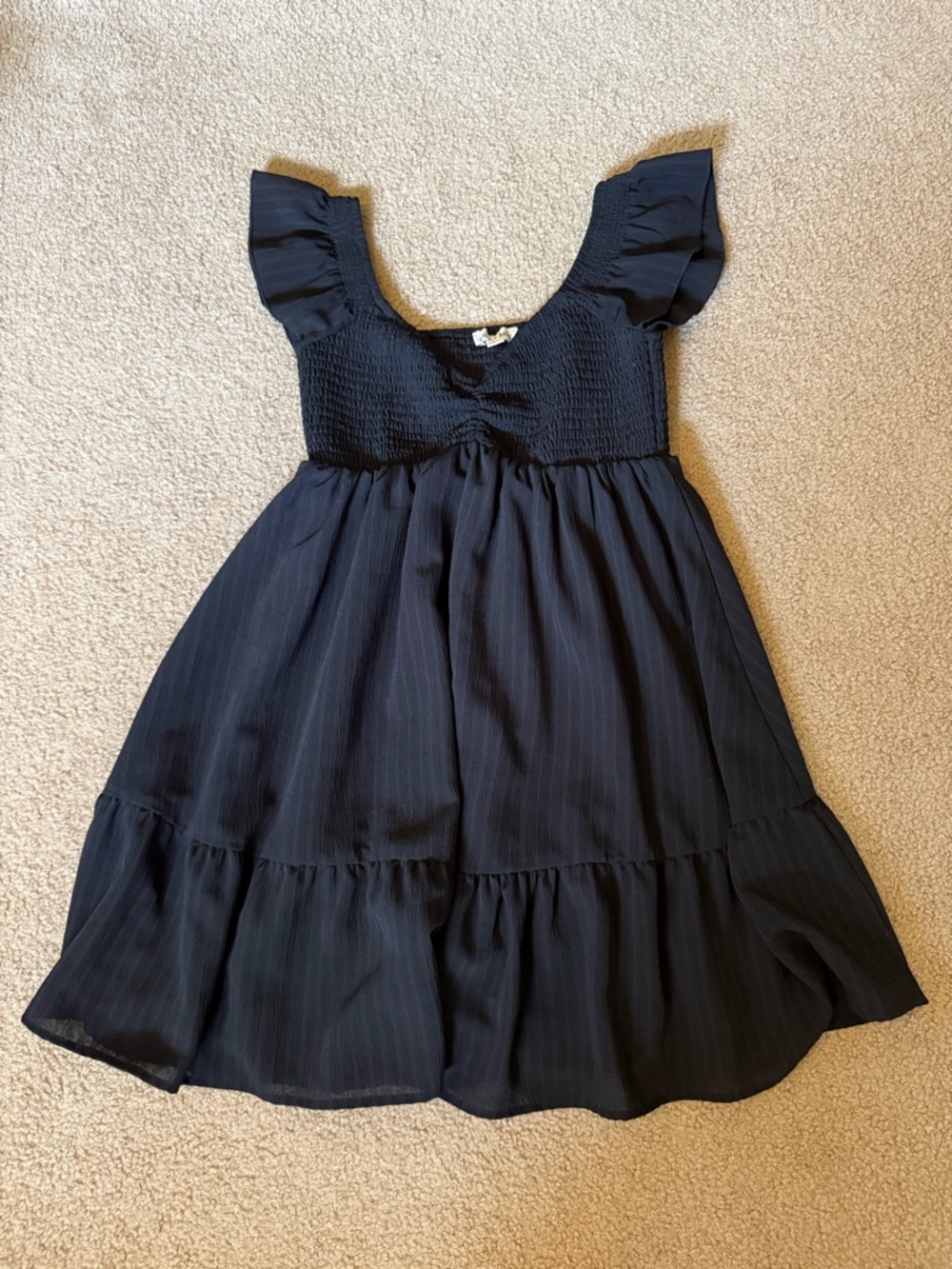 Black Flowy Casual Dress with Flutter Sleeves and Smocked Top